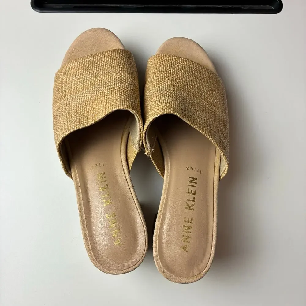 Anne Klein Payge Raffia Block Platform Heels Slip On Sandals 7.5 iFlex Stretch